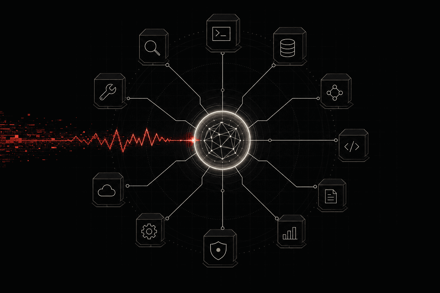 Abstract illustration of a central node wired to many tools, with one corrupted red input line feeding into it