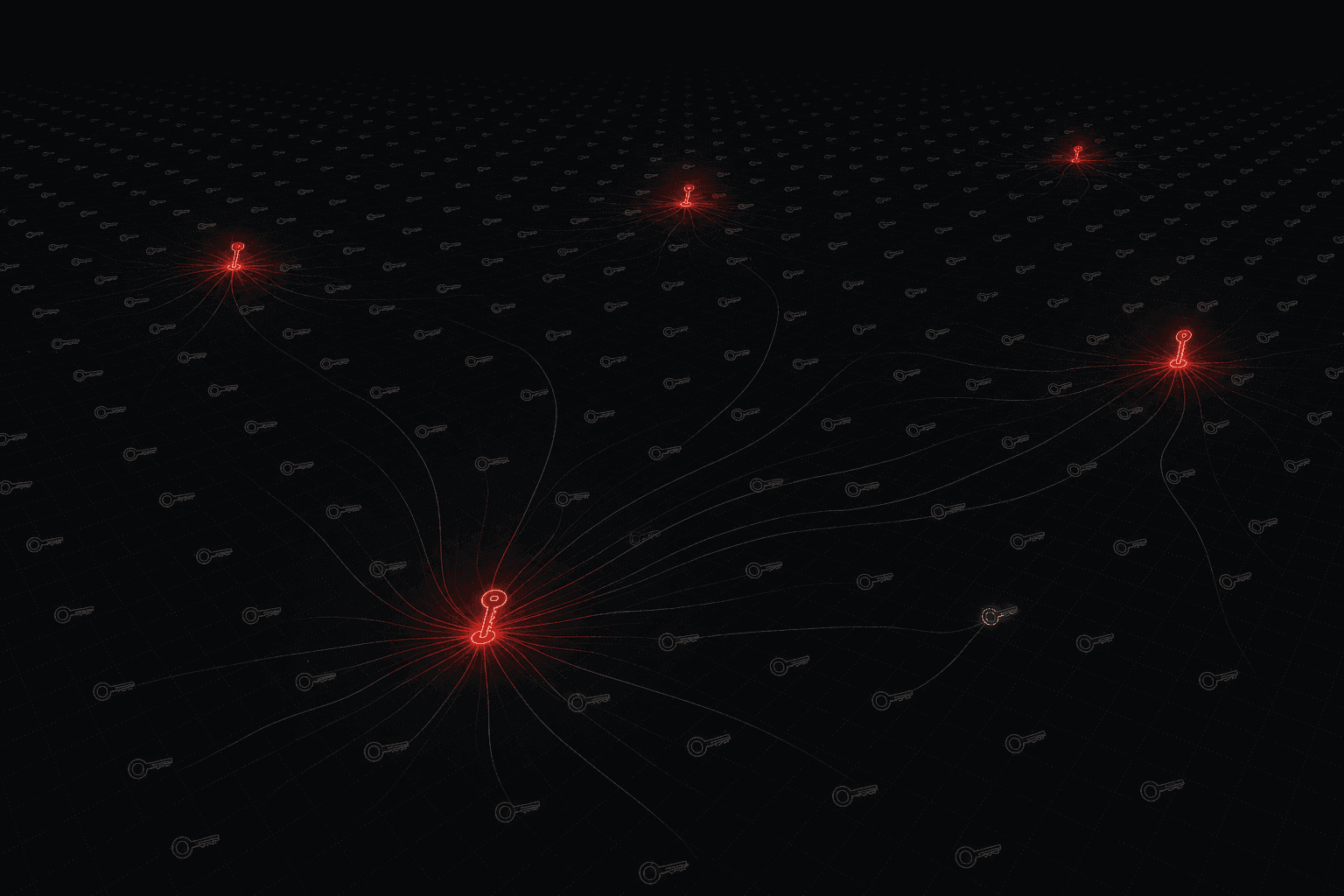 Abstract field of tiny key shapes receding into darkness, a few glowing red with threads spreading outward